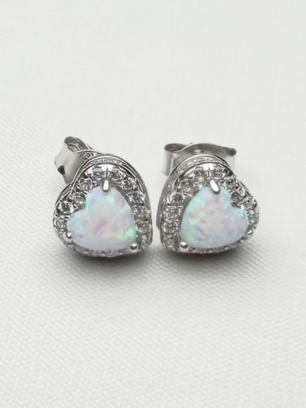 Sterling Silver Opal Heart Stud Earrings Moissanite Halo NWT